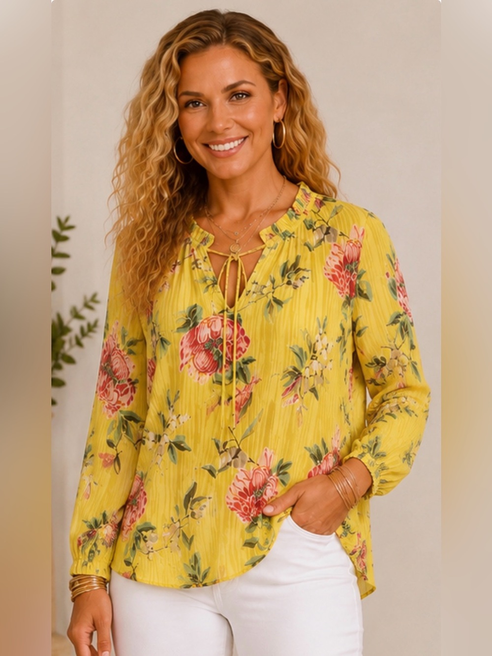 LOFT Yellow Floral Tie-Neck Blouse | Size Large | Textured Sheer Stripe Top